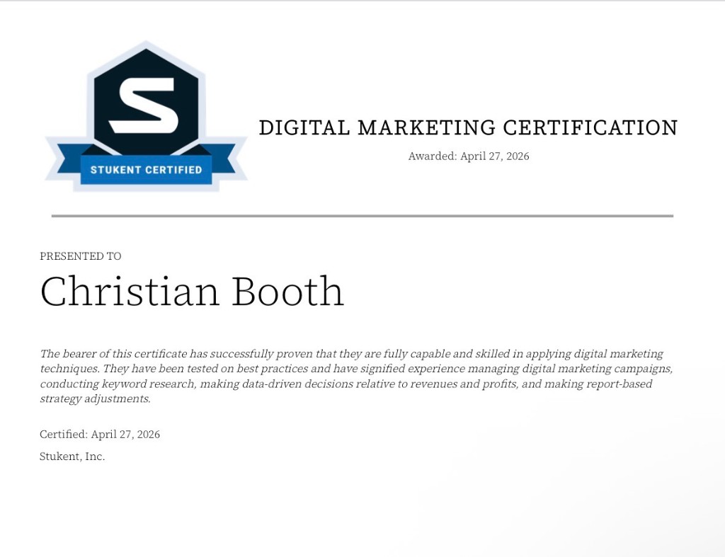 Digital Marketing Certification presented to Christian Booth by Stukent